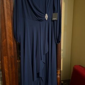 MARINA Navy Long Sleeve Dress with Elegant Brooch